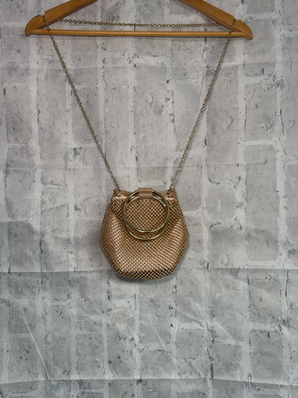 Jessica McClintock Rose Gold Gwen Ball Mesh Ring Wristlet Pouch Clutch
